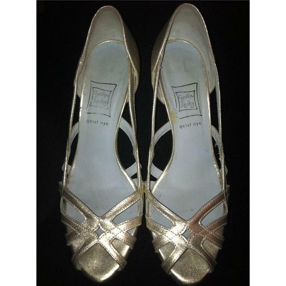 Nancy Geist For Cynthia Rowley Y2K 90s Gold Leather Cutout Peep Toe Heels Size 7 - Picture 2 of 6